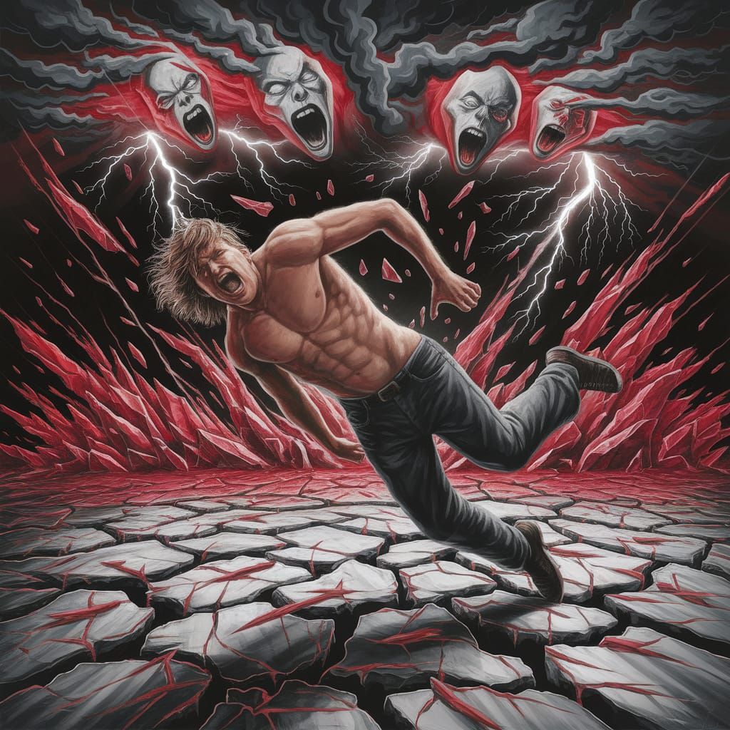 Chaotic Fall: Acrylic Painting of Despair on Shattered Earth