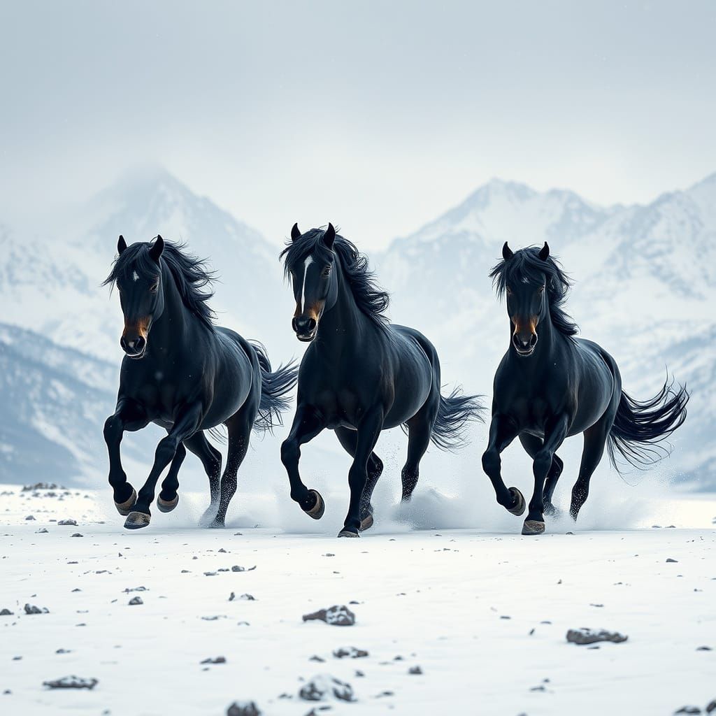 Majestic Black Horses Gallop in Snowy Mountains