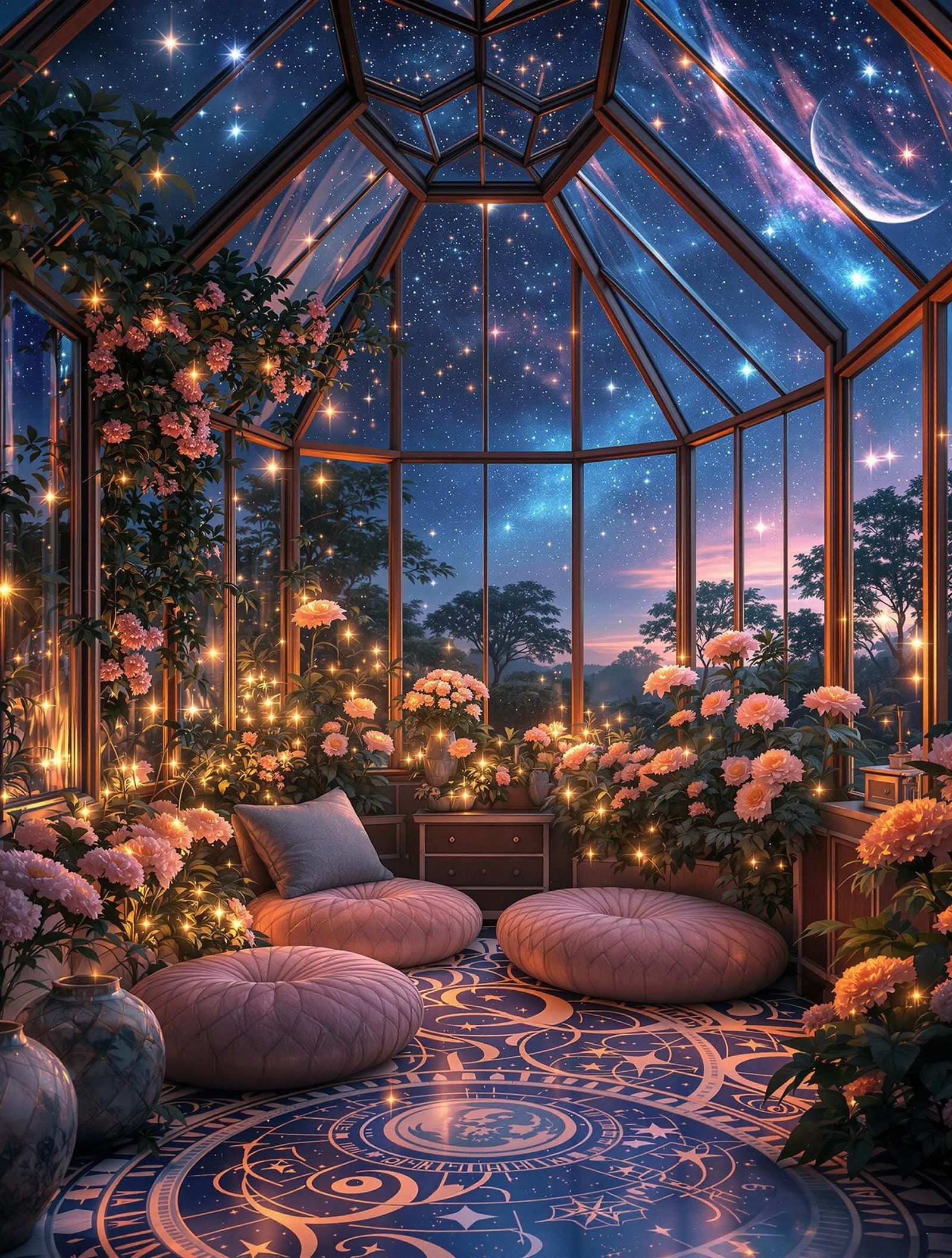 Dreamy Greenhouse Oasis with Cosmic Haze and Crystal Accents