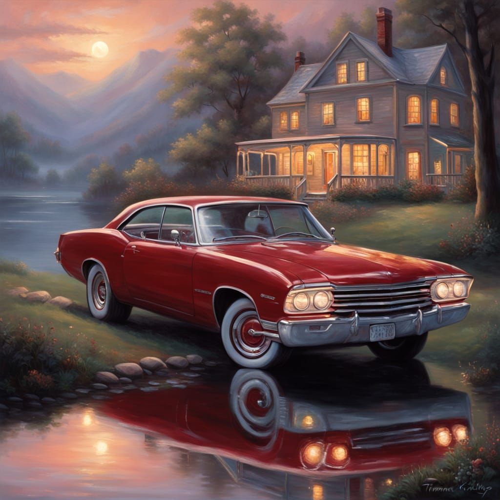 Red Muscle Car by Lake in Ethereal Mist