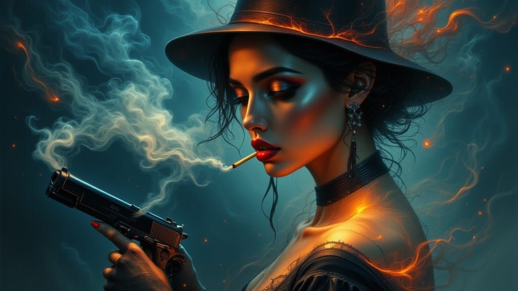 Elegant Woman Smoking in Surreal Airbrush Art Style