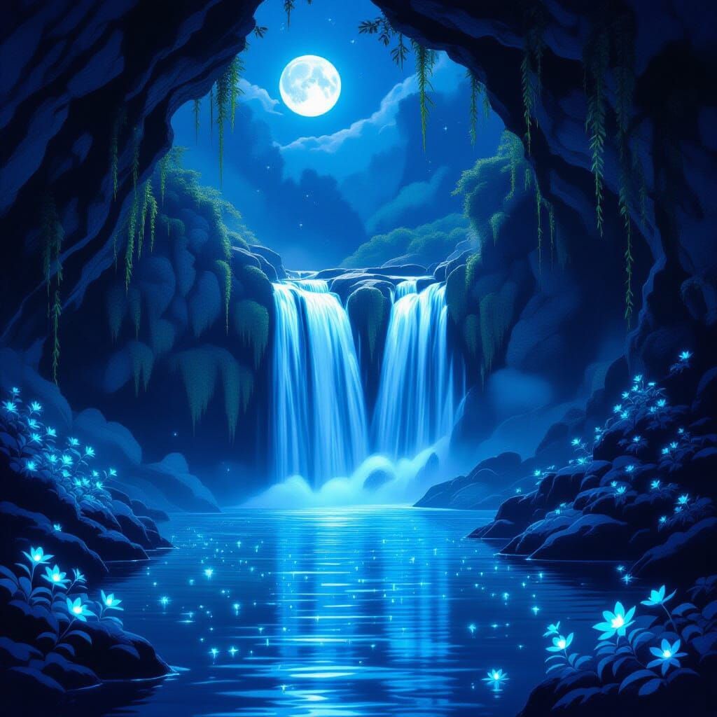 Moonlit Waterfall in Glowing Grotto