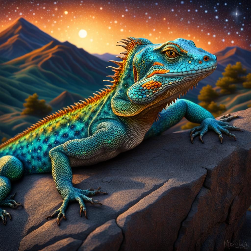Cosmic Lizard Observes Night Sky, Detailed Surrealism