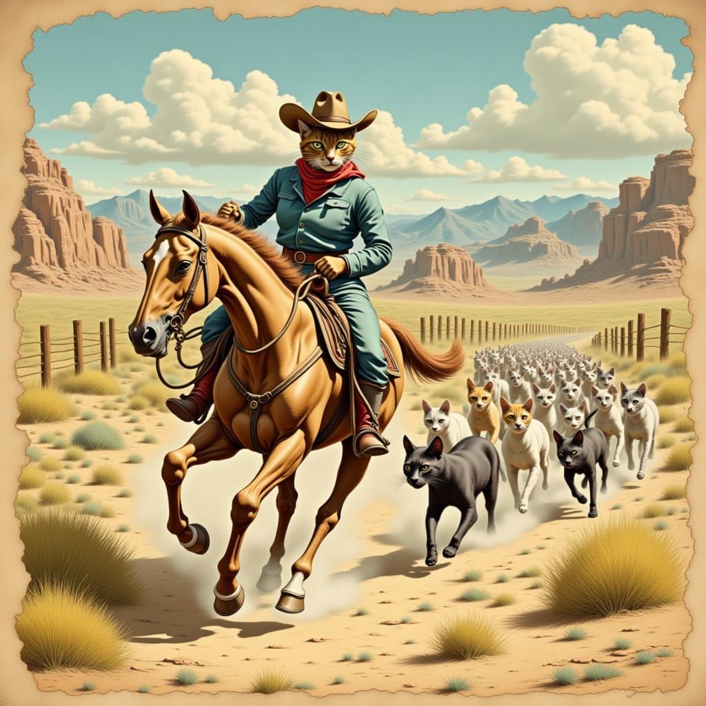 Vibrant Western Cats Chase in a Golden Age Illustration