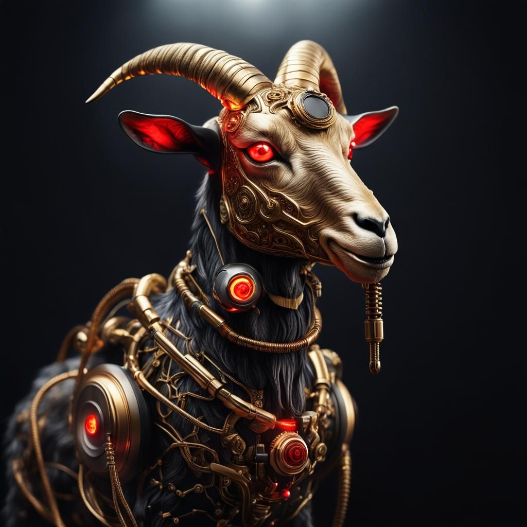 Golden Cyborg Goat with Red Eyes in Matte Painting