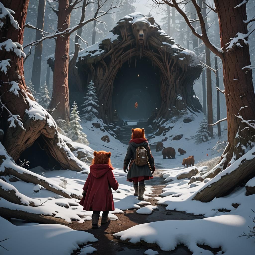 Red-Haired Girl Sheltered by Bear in Snowy Cave