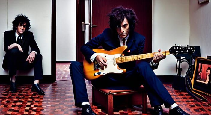 A dishevelled Syd Barrett sitting on a wood tile floor playing his telecaster guitar and a semi clad woman is seen from ...