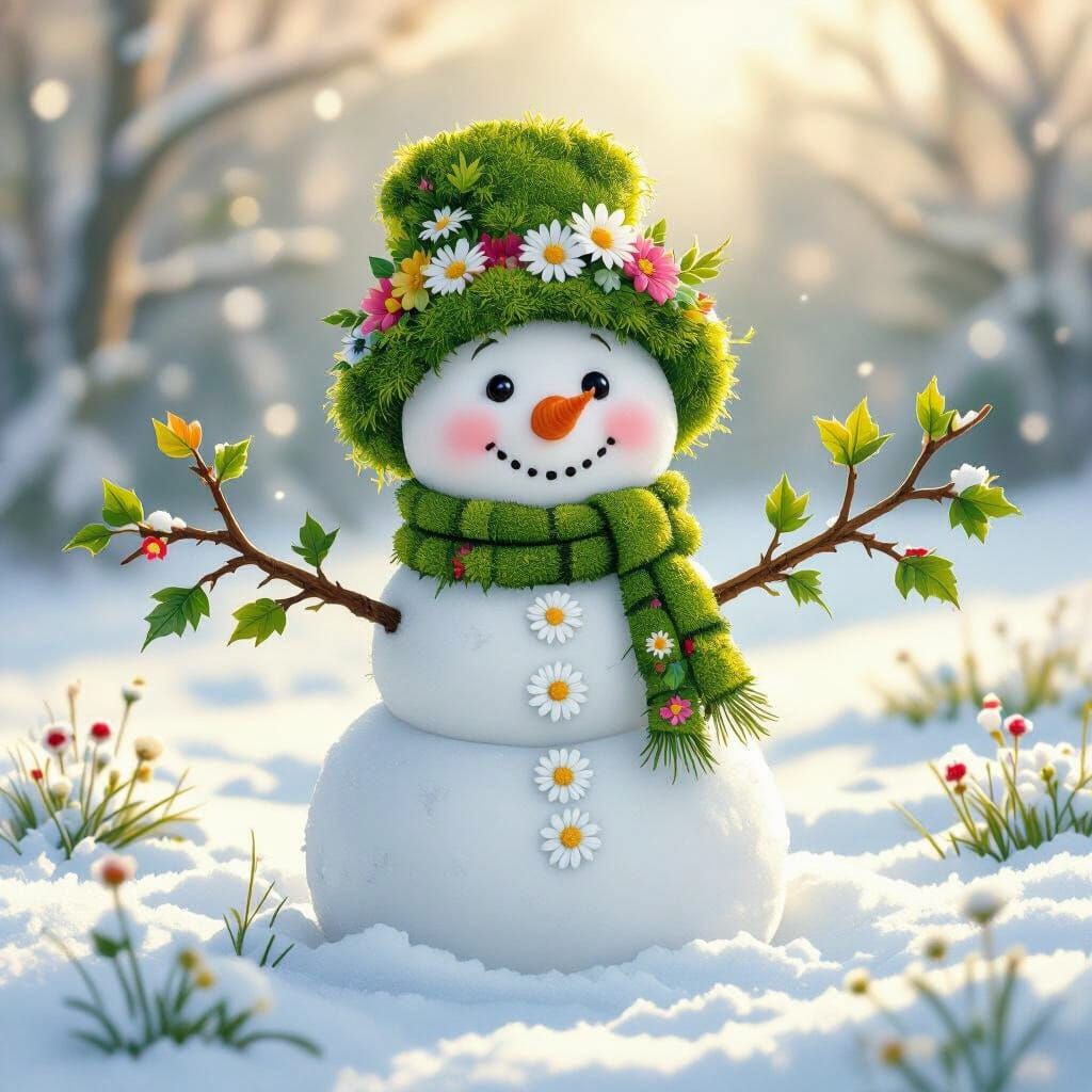 Whimsical Snowman with Flower Buttons in Storybook Style