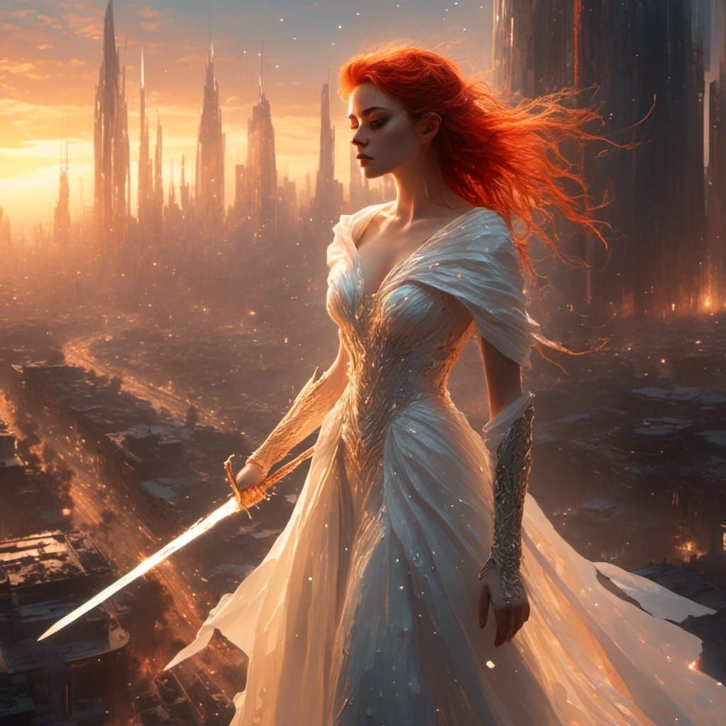 Woman with Sword Walks Through Apocalyptic City