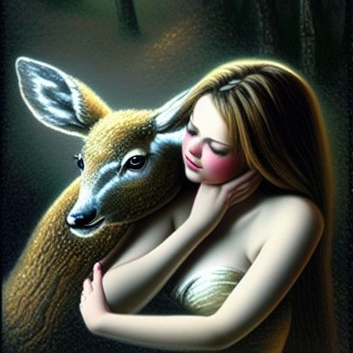 Ethereal Angel Comforting Deer in Misty Landscape
