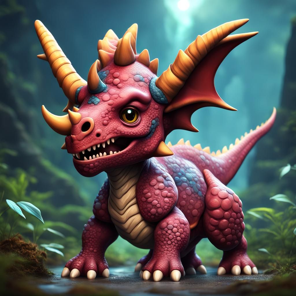 Chibi Triceratops Dragon in Detailed Matte Painting