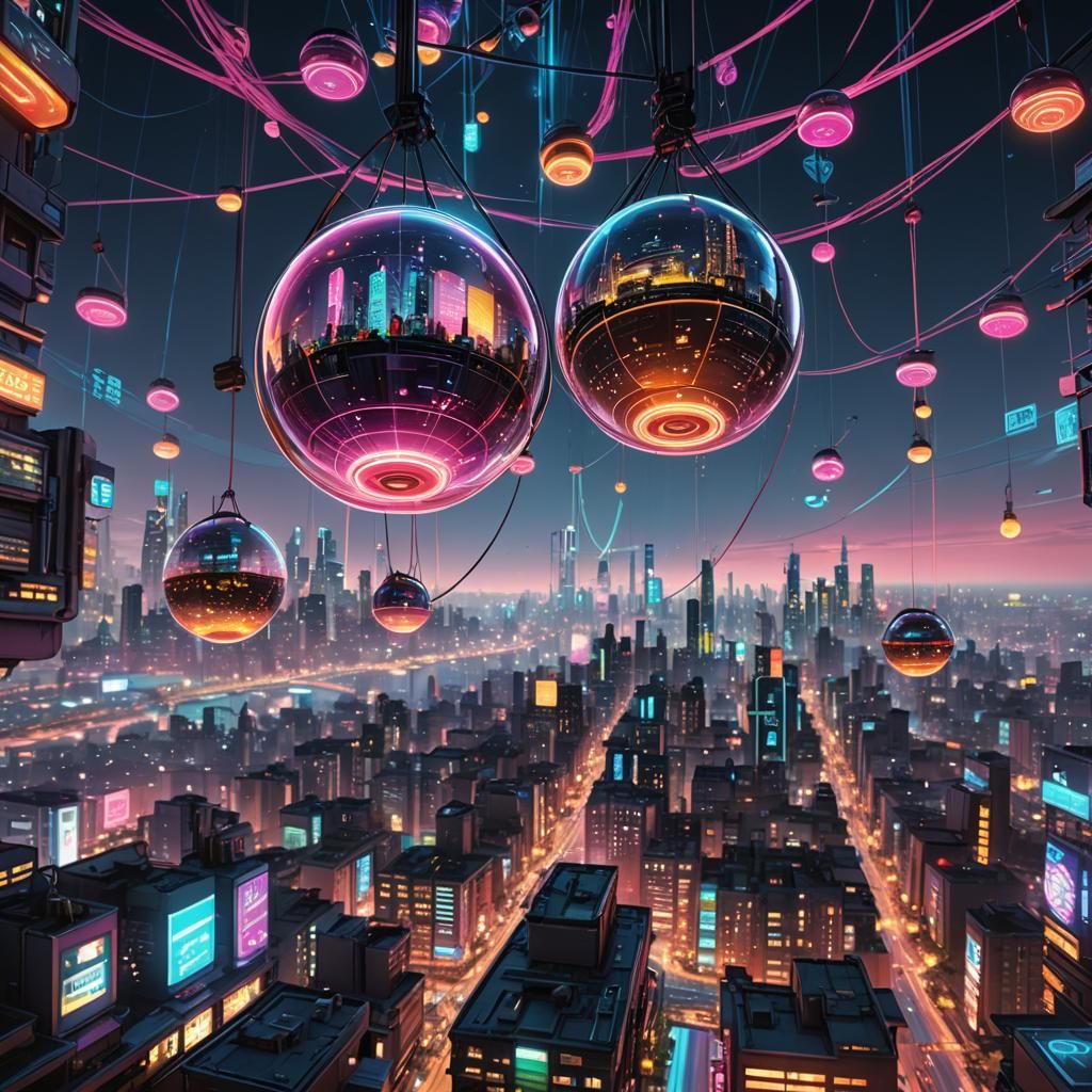 Cyberpunk Cityscape: Glowing Yoyo Above Metropolis