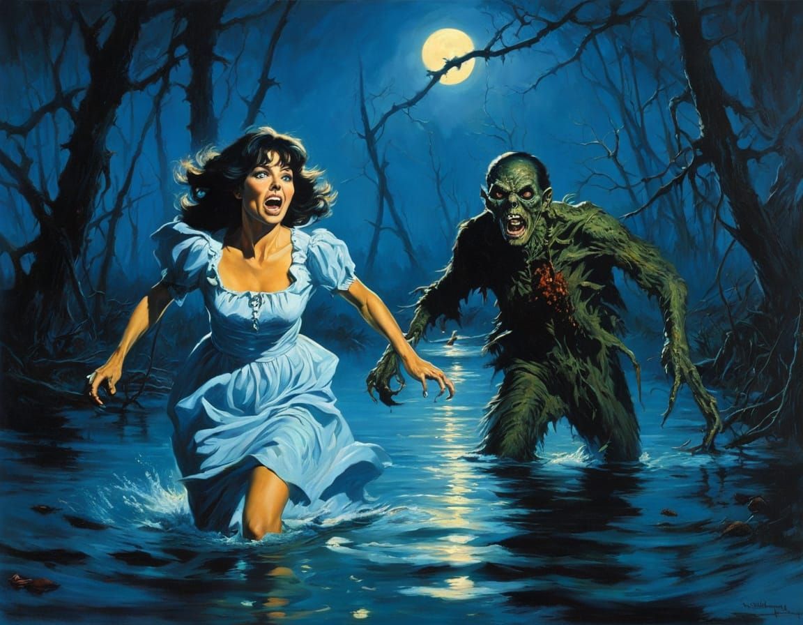 Woman Fleeing Zombie in Ominous Swamp, Expressionist Oil