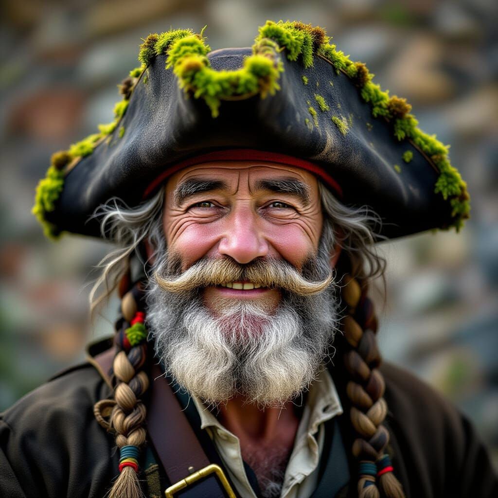 Old Pirate Portrait with Moss Hat, Braided Beard