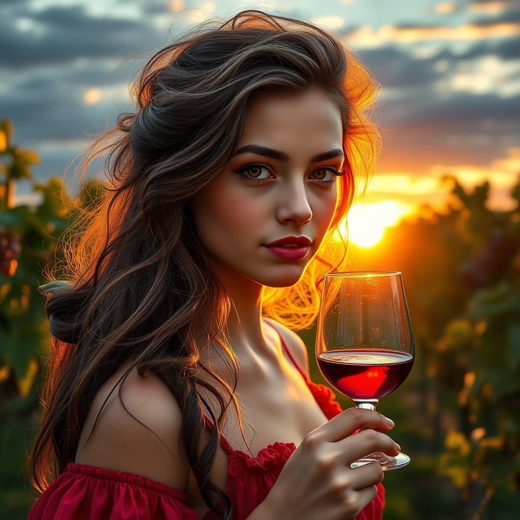 Gentle Vineyard Siren in Sunset Glow