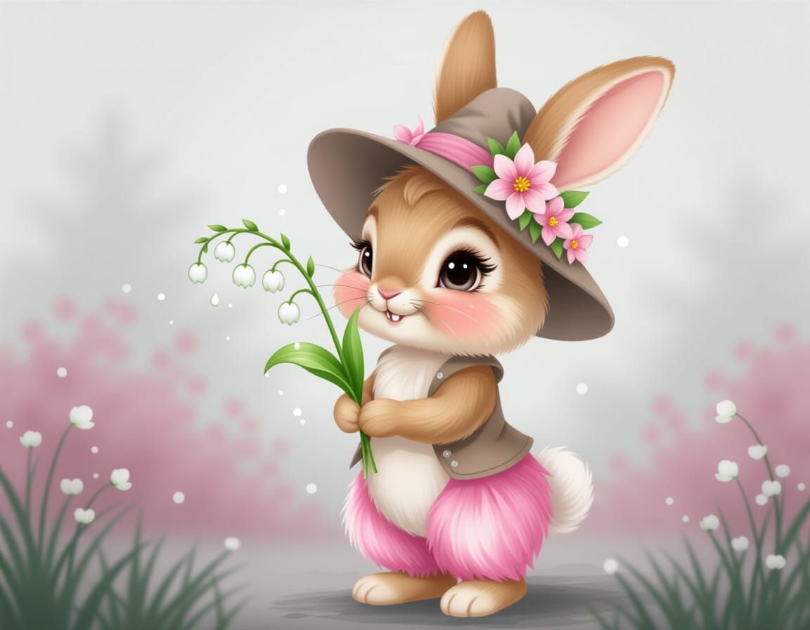 Cartoon Bunny with Lily in Watercolor Style