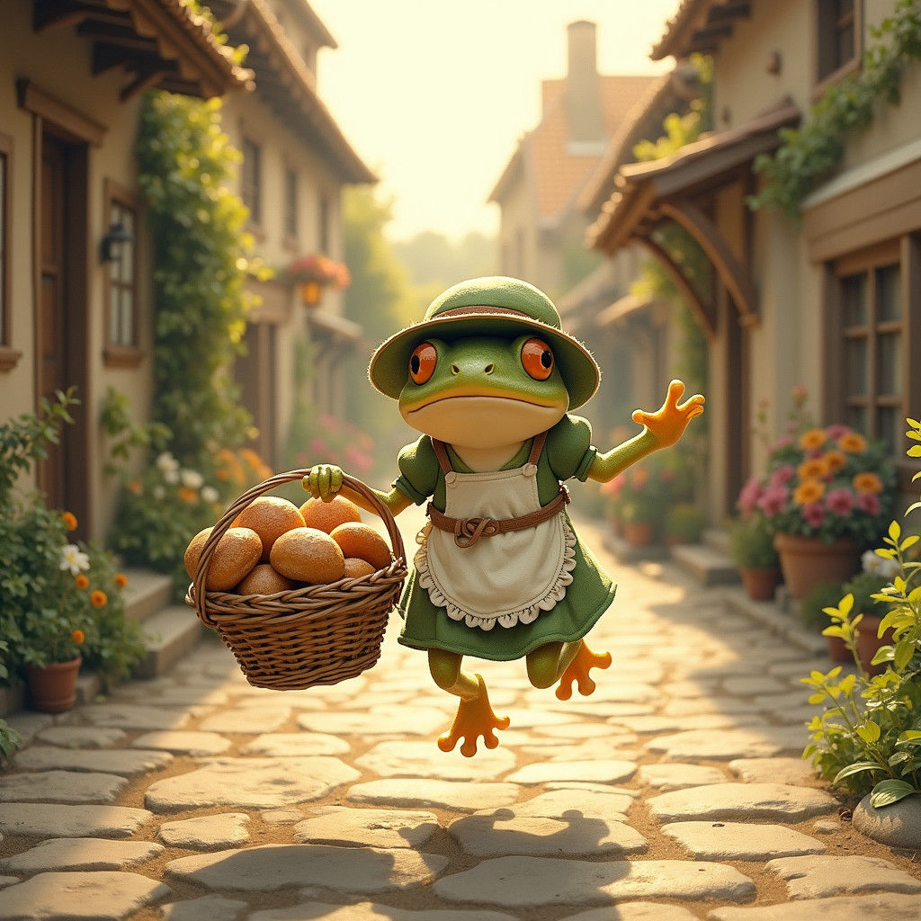 Frog Baker in Rural Village, Watercolor Illustration
