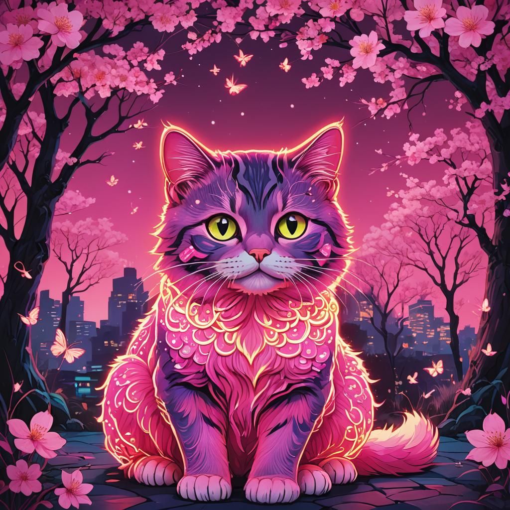 Neon Cat with Cherry Blossoms in Dark Fantasy Style