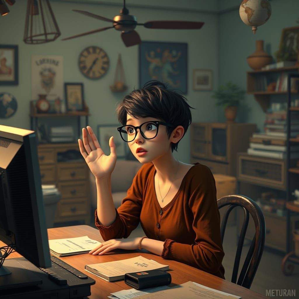 Petite Woman Surprised by Monitor in Hyperrealistic Digital ...