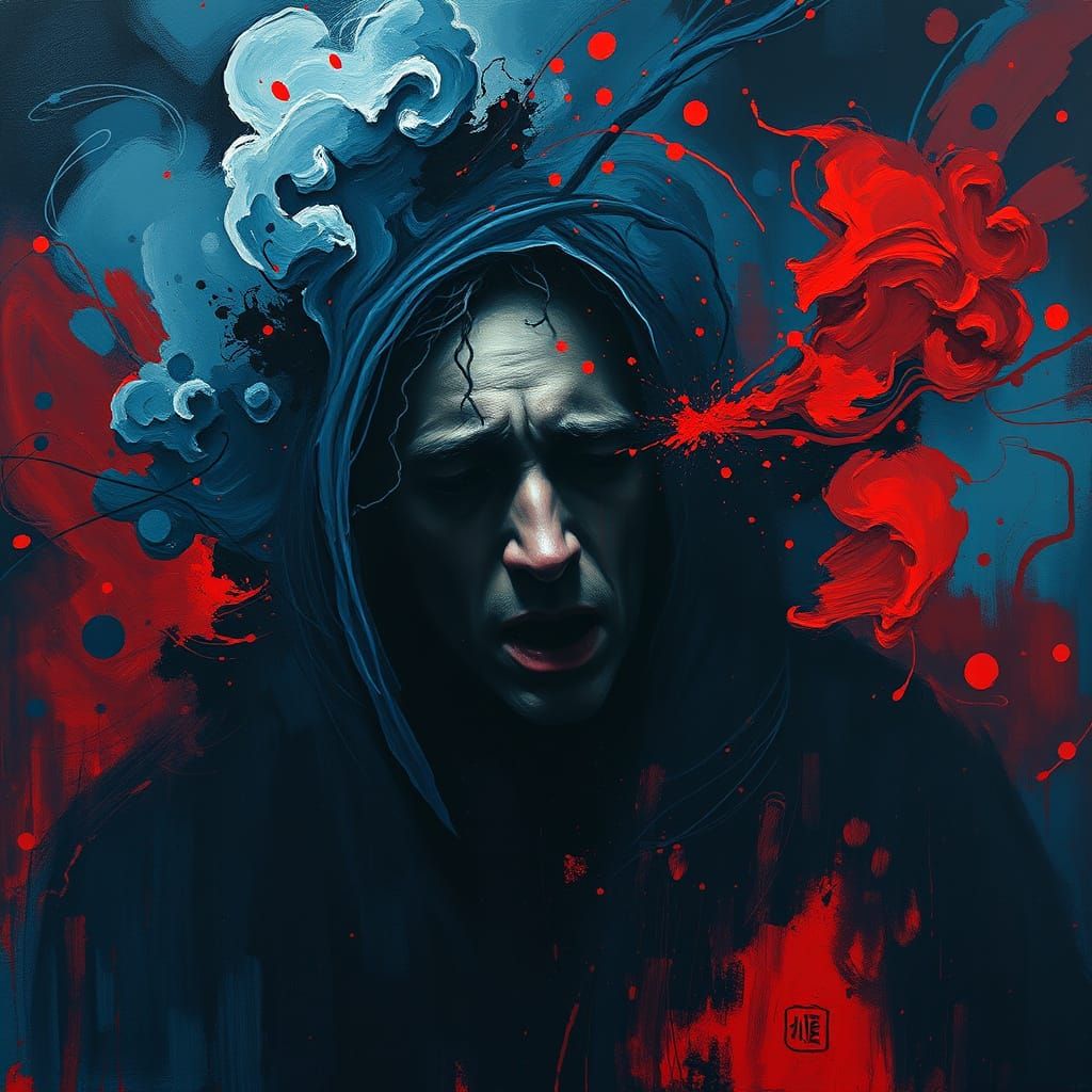 Tormented Figure in Crimson Darkness