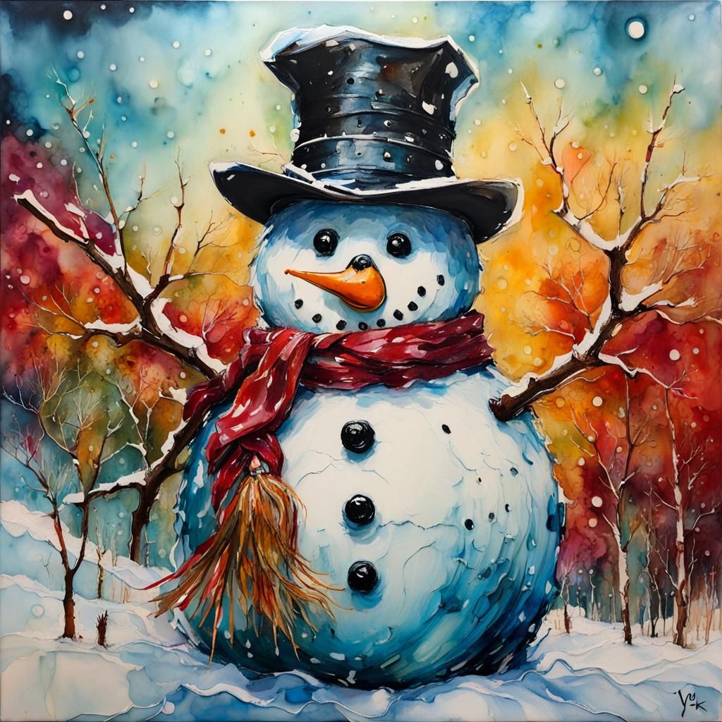 Encaustic Snowman in Post-Impressionist Style