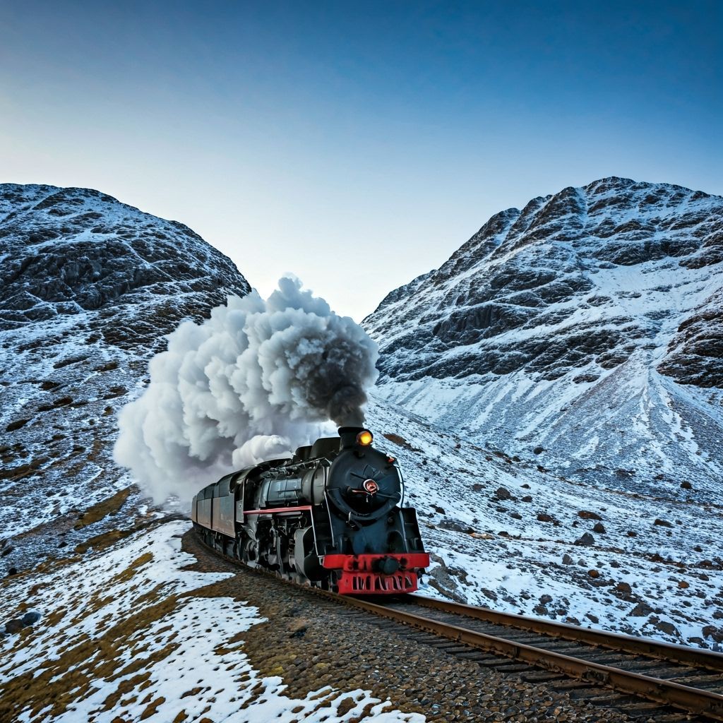 Steam Train Navigates Snowy Mountain Pass
