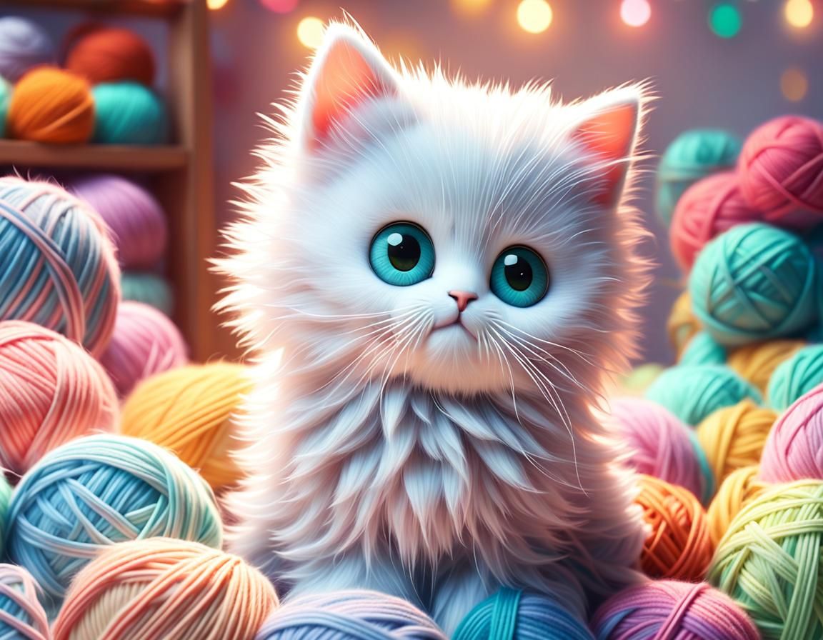 Cute Kitten Plays with Yarn: 3D Pastel Illustration