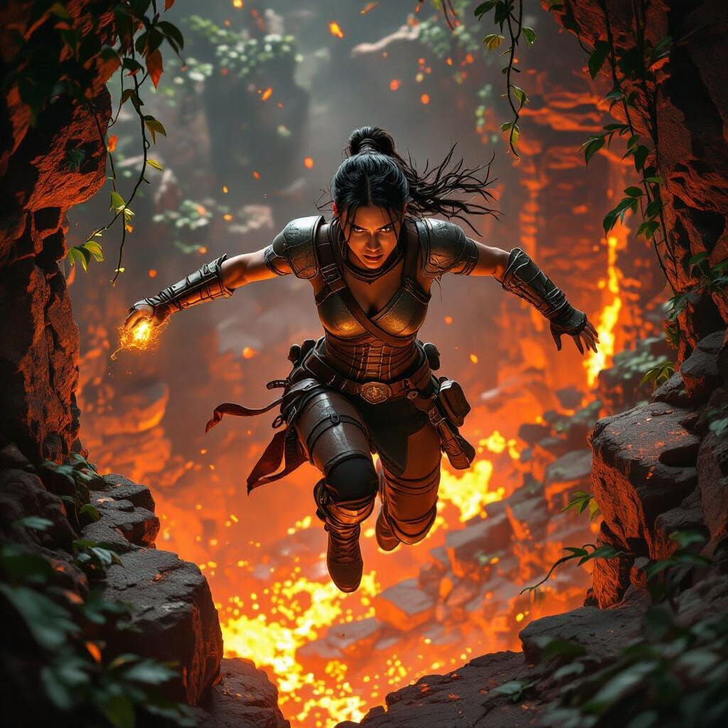 Female Explorer Leaps Lava Chasm in Lost Temple