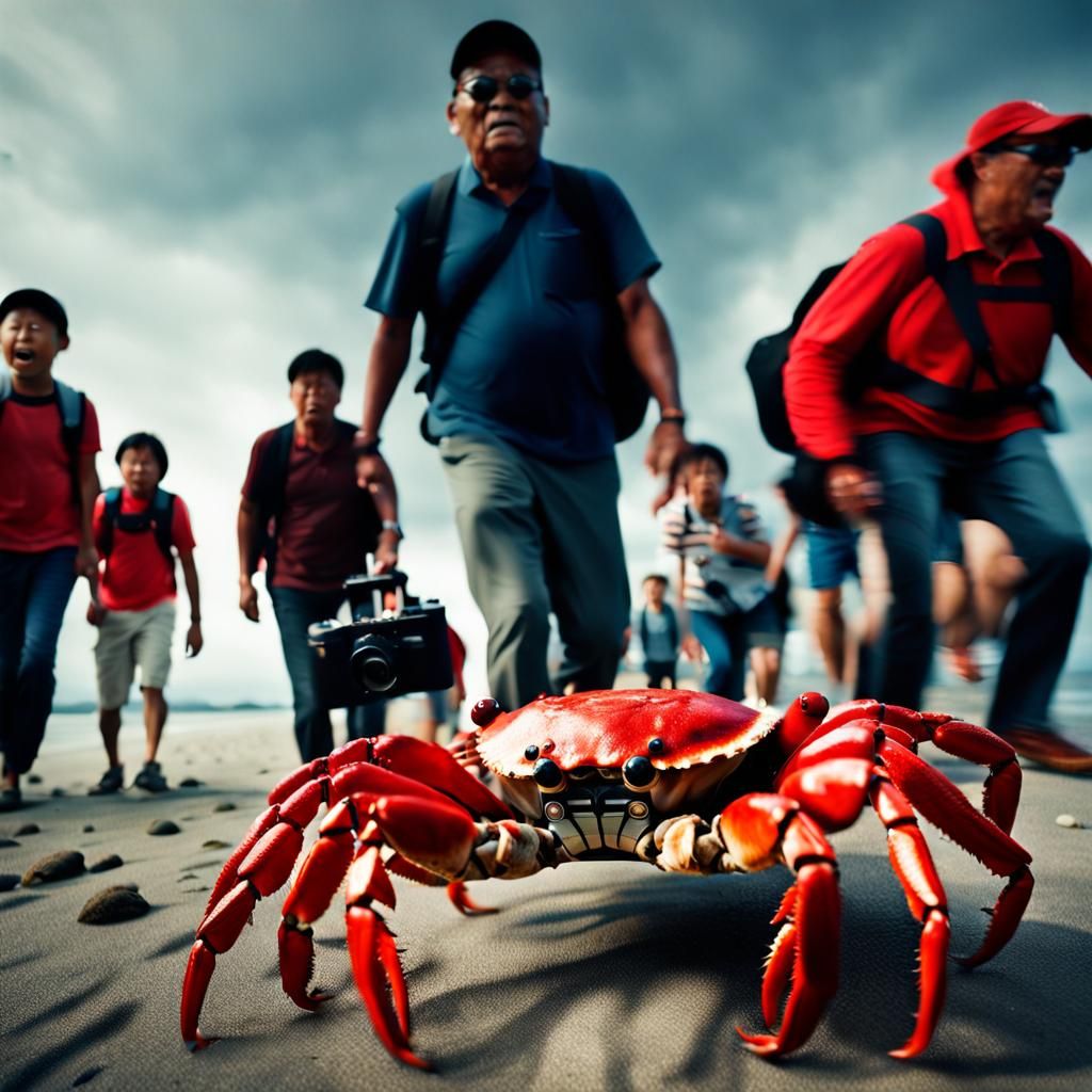 Giant Red Crab Advances on Terrified Tourists