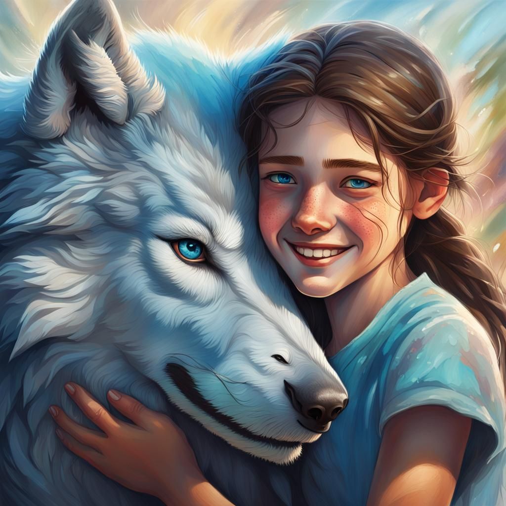 Girl Hugging Wolf in Hyperrealistic Splash Art