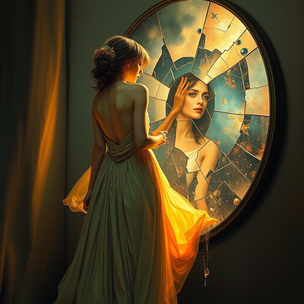 Woman and Shattered Mirror in Expressive Style