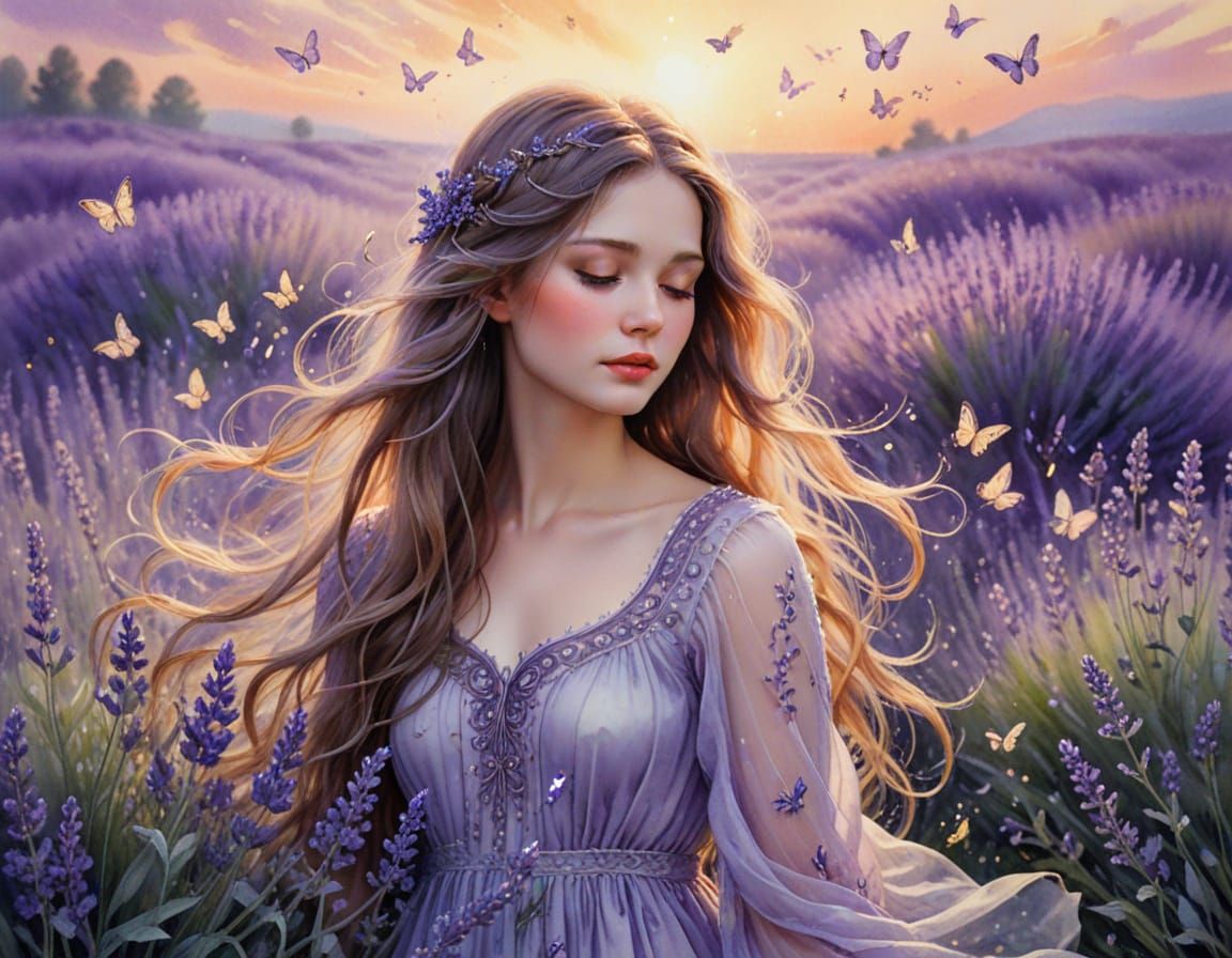 Woman in Lavender Field: Watercolor Painting