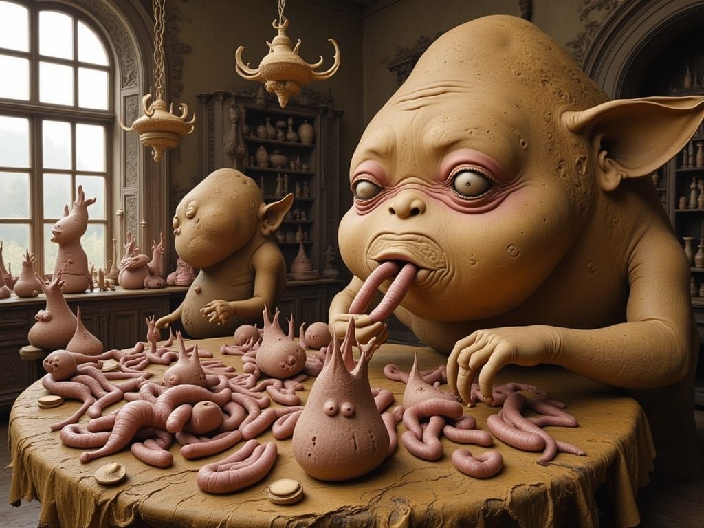 Surreal Studio Scene of a Potato-Shaped Man and a Goblin-Lik...