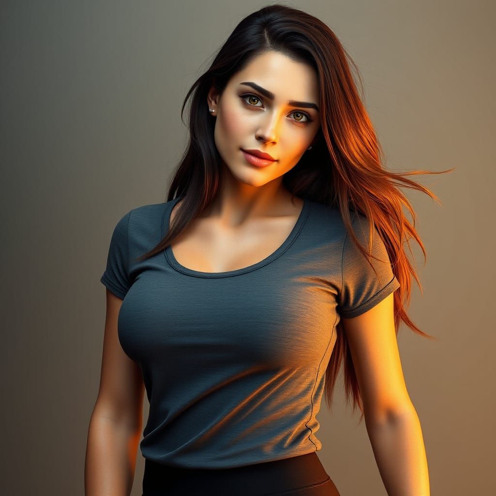 Hyper-Realistic Brunette Woman in Fitted Yoga Pants and T-Sh...