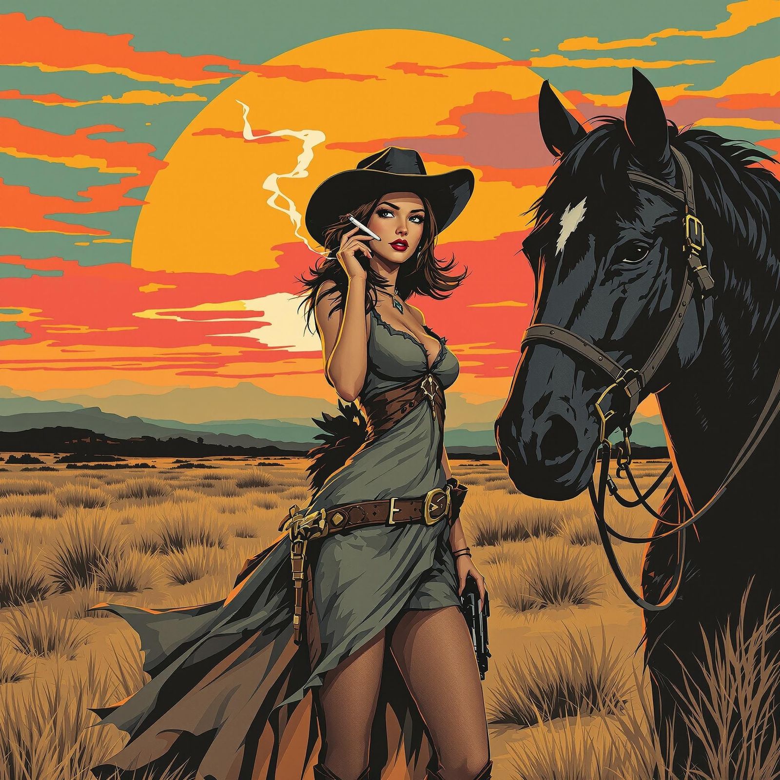 Cowgirl and Horse at Sunset in Retro Illustration