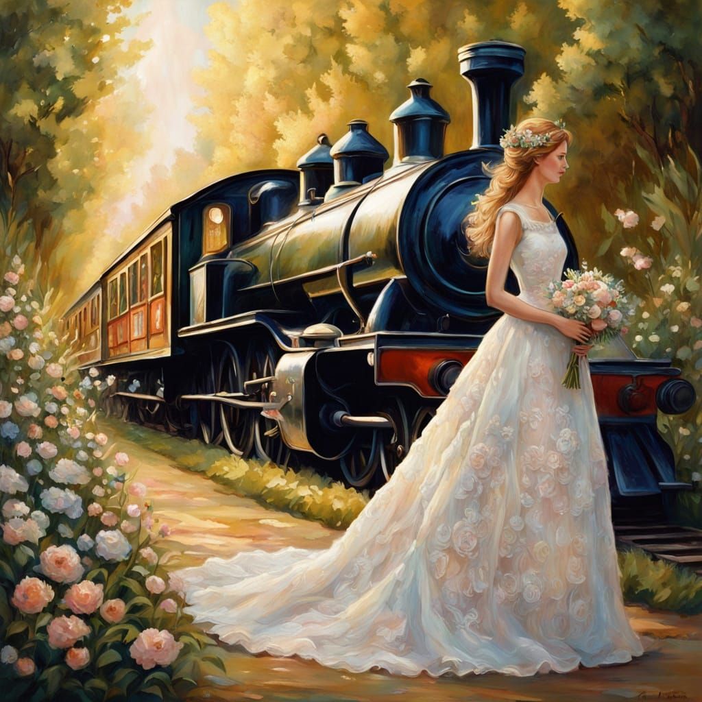 Romantic Oil Painting of Woman in Whimsical Wedding Train