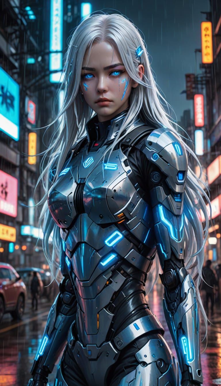 Cyberpunk Anime Warrior in Neon Cityscape