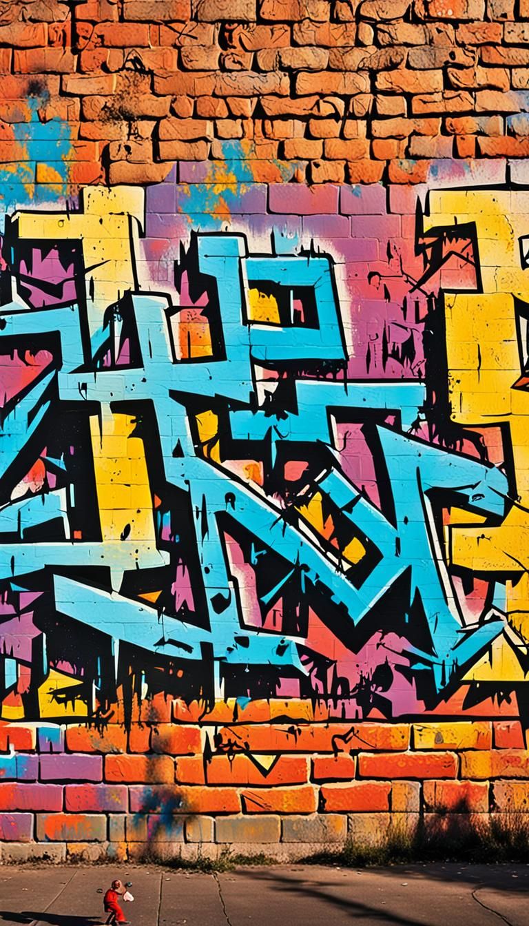 Dynamic Graffiti Art on Brick Wall in Street Style