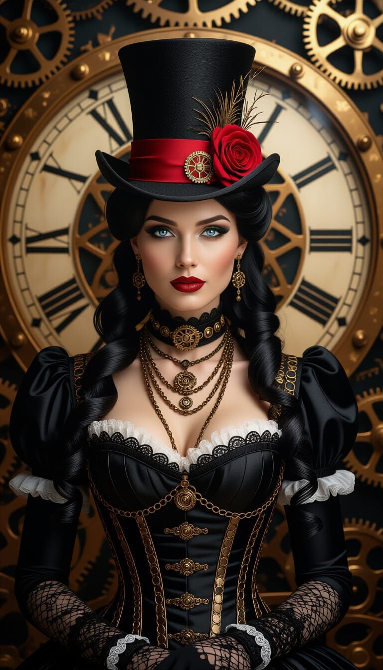 Steampunk Woman Portrait with Gears and Clock