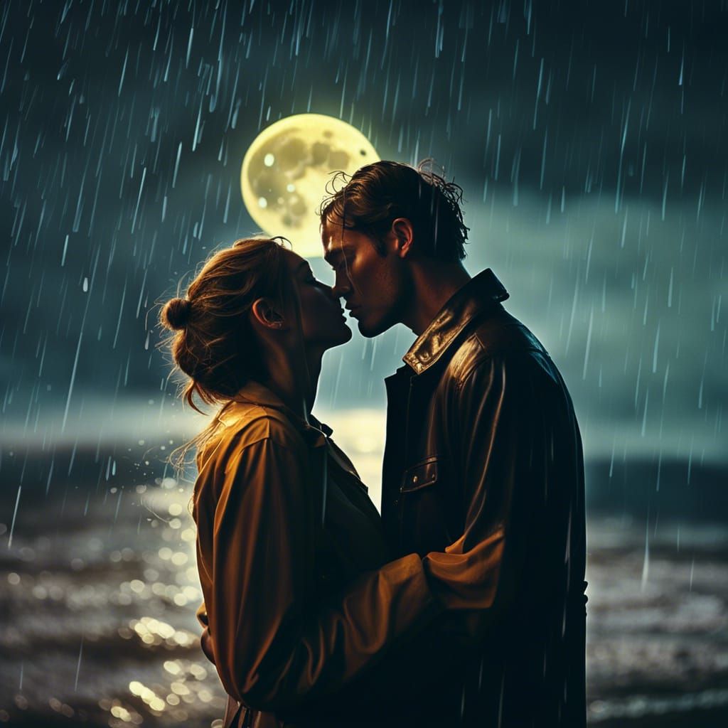 Romantic Couple Kissing in the Rain