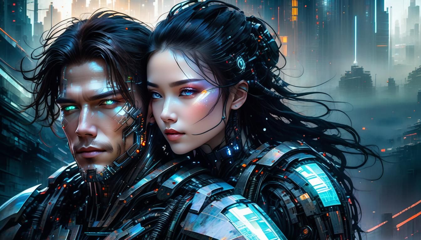 Cyborg Protects Woman in Post-Apocalyptic Landscape