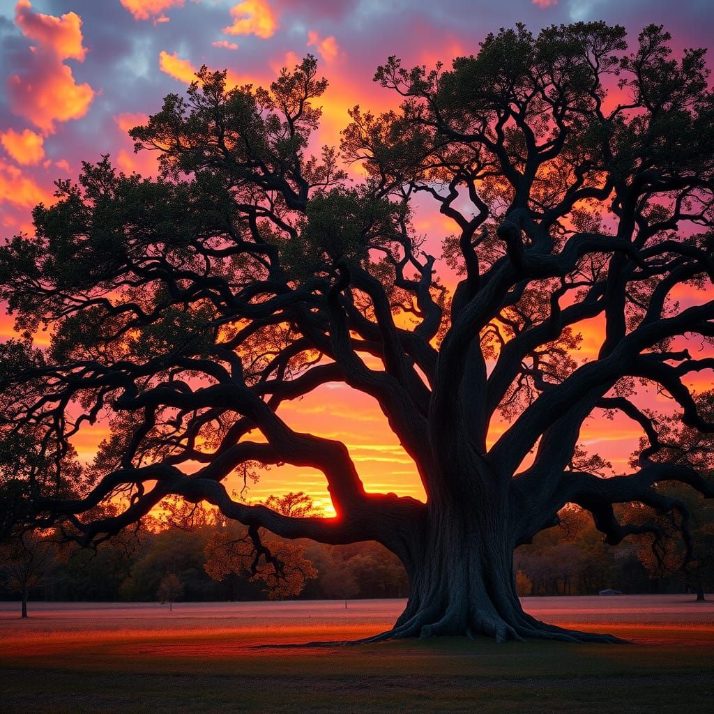 Majestic Oak Tree Basks in Vibrant Electric Sunset