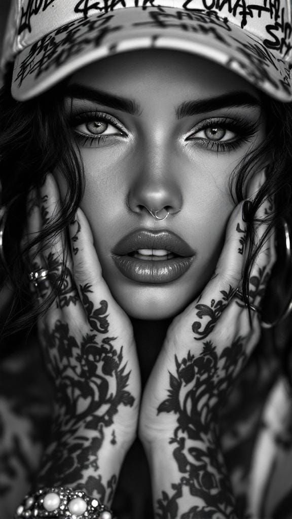 Tattooed Woman in Street Fashion: Black and White Portrait