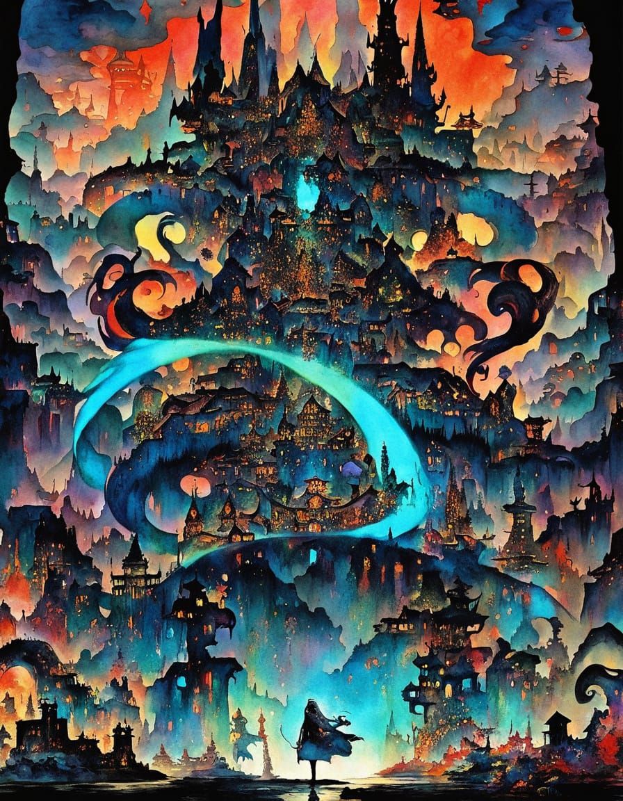 Cyborg Wizard in Ancient City, Watercolor & Ink Style