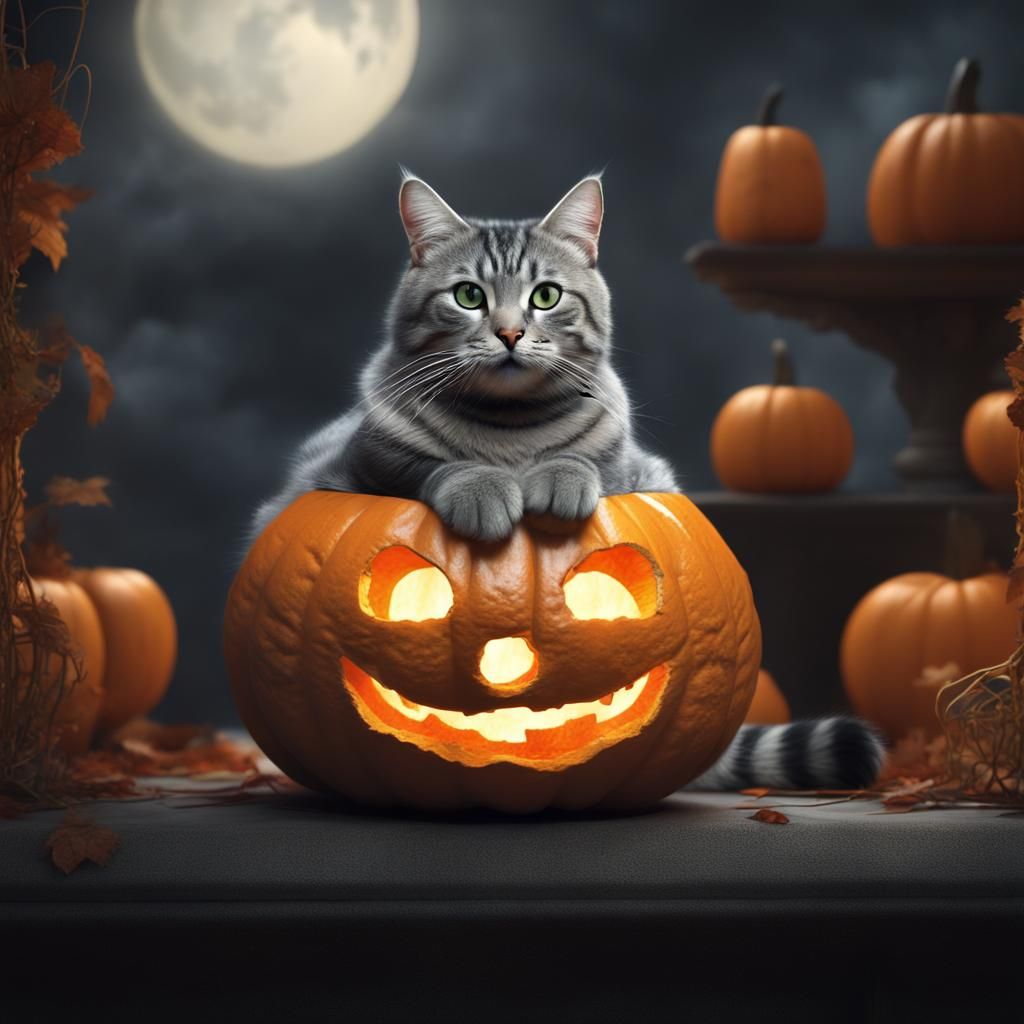 Grey tabby Cat sitting on a jack o'lantern