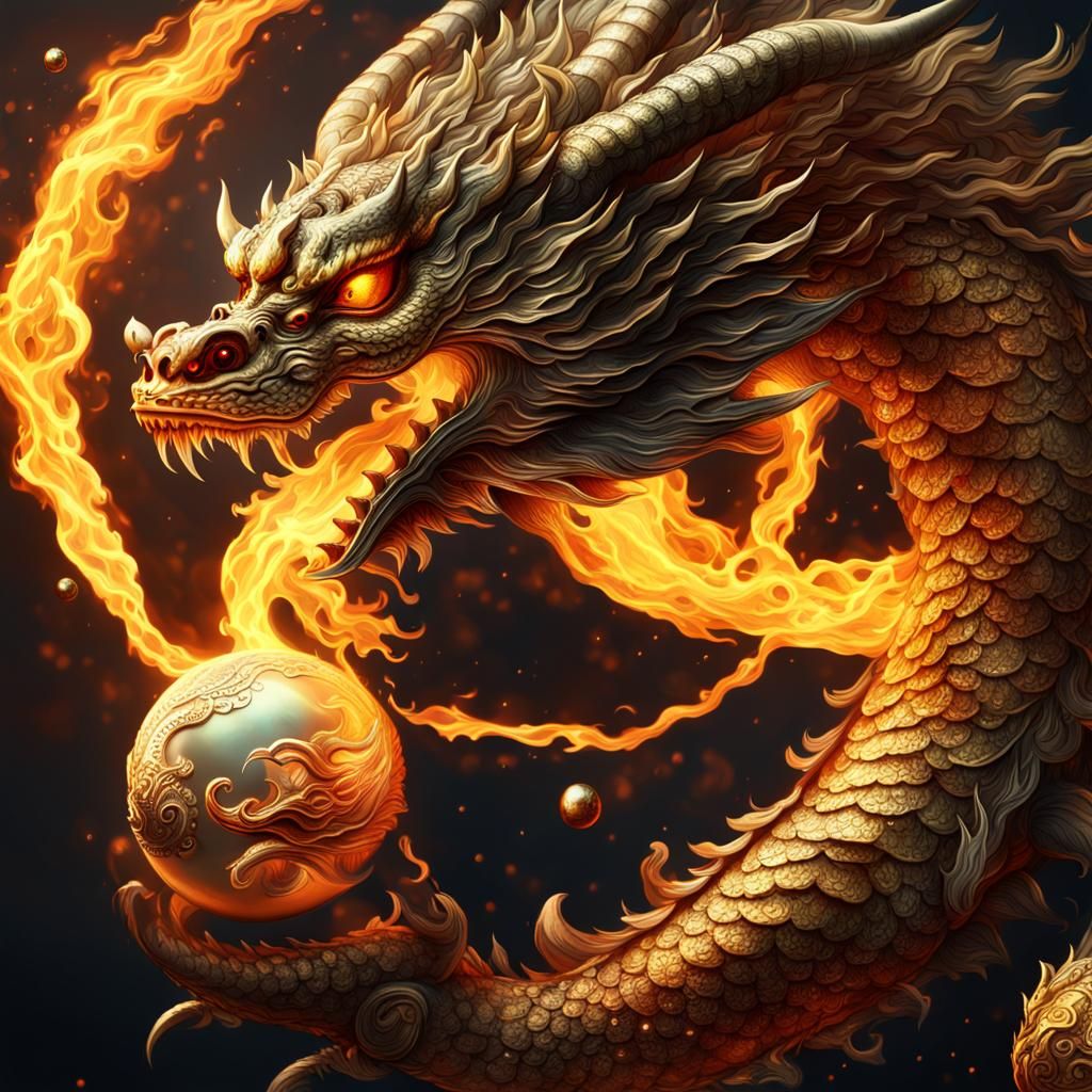 Japanese Dragon with Flaming Pearl: Digital Matte Painting