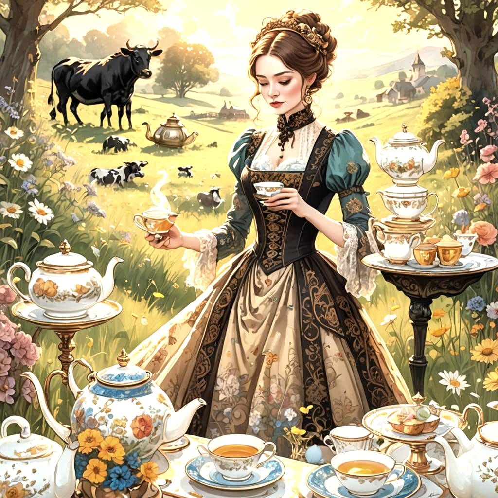 Elegant Steampunk High Tea in Flowery Meadow
