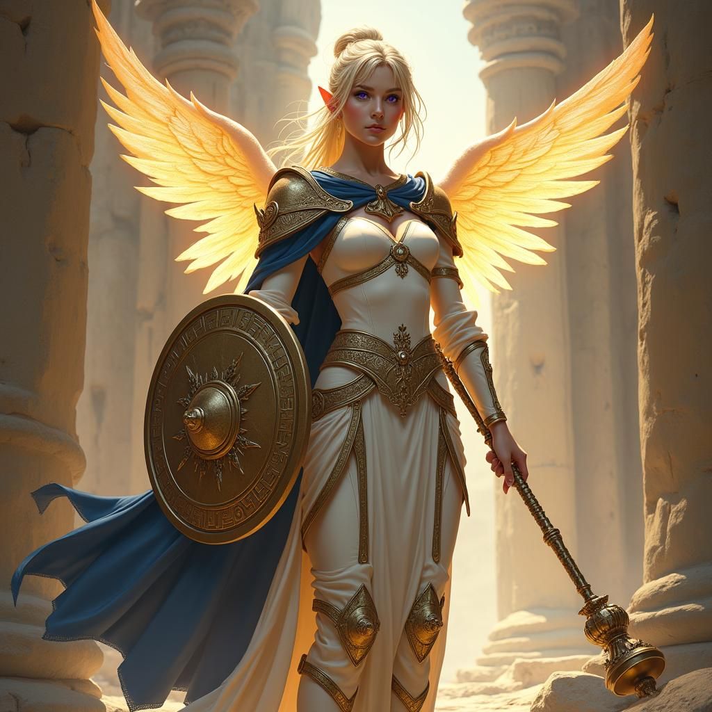 Elven Priestess with Glowing Wings in Temple Ruins