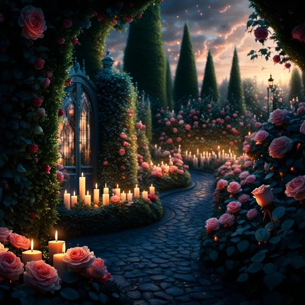 Candlelit Rose Garden Digital Matte Painting