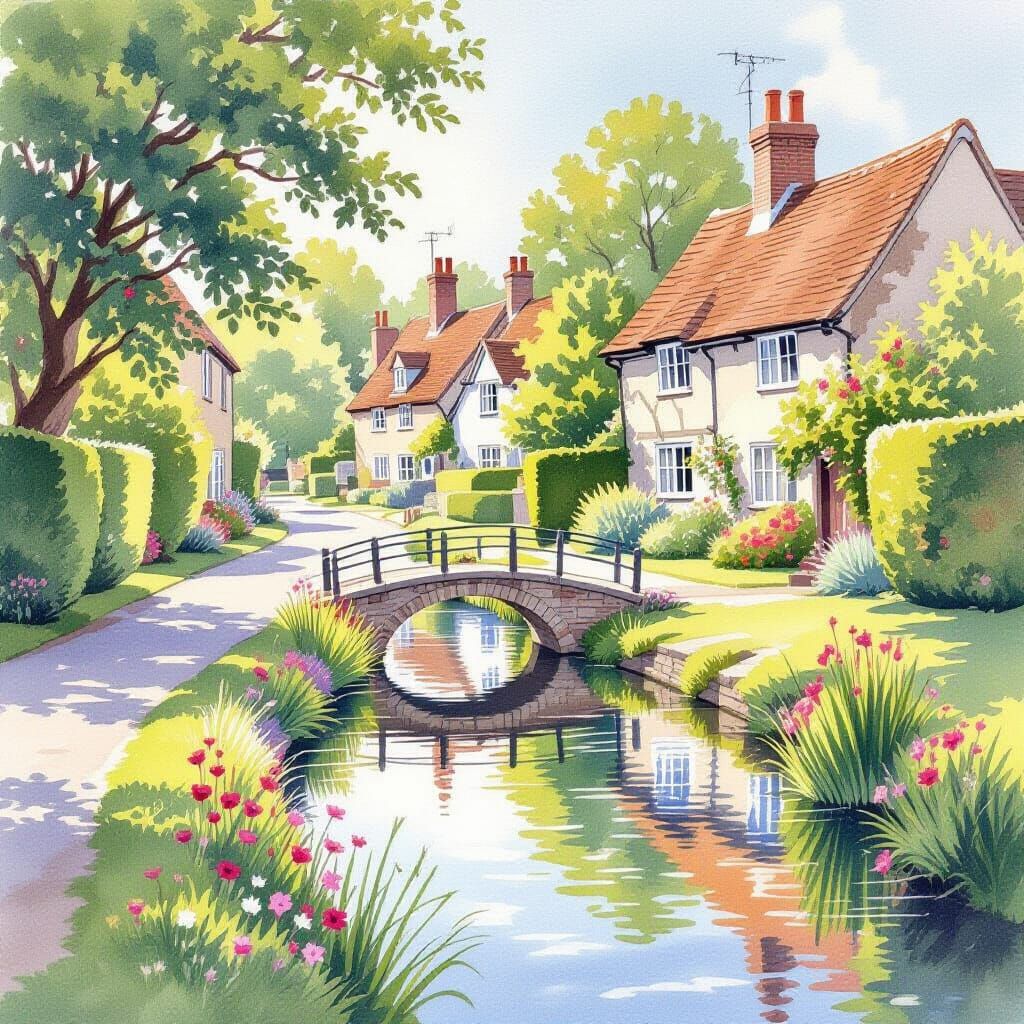 Delicate Watercolour of Quaint English Village Pond